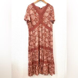 Nurture by Westbound Woman Rust Floral Maxi Dress Boho Peasant Lace Size 1X